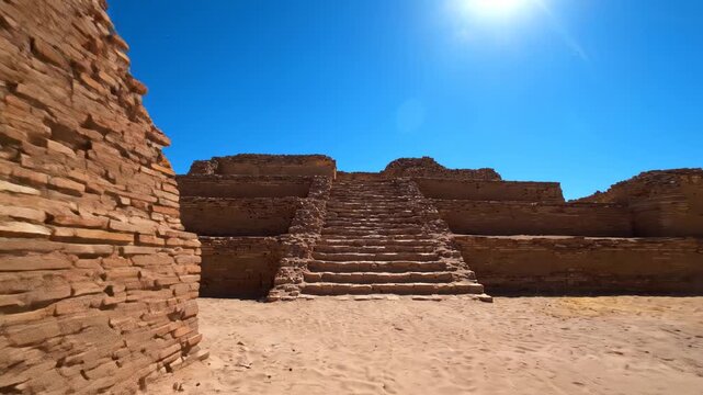 Camera moving through ancient brick ruins towards staircase