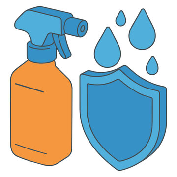 Cleaning spray bottle with water droplets and shield. Hand sanitizer and hygiene protection tools for disinfecting surfaces.