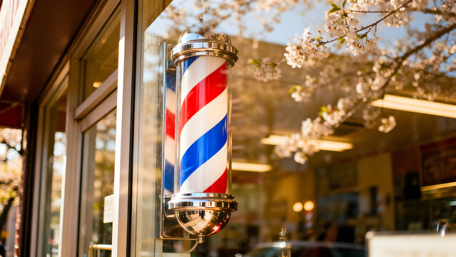 A vintage barber pole with red, white, and blue stripes spinning in spring sunlight.