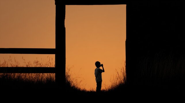 Boy silhouette watching sunset through doorway