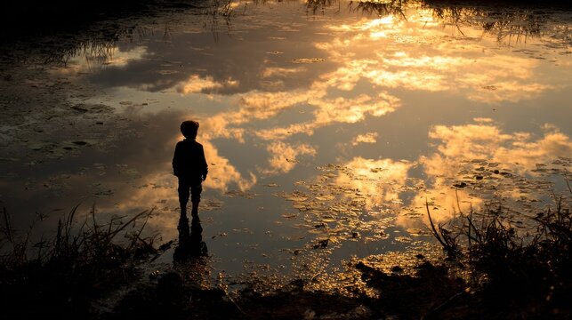 Child silhouette reflecting in water