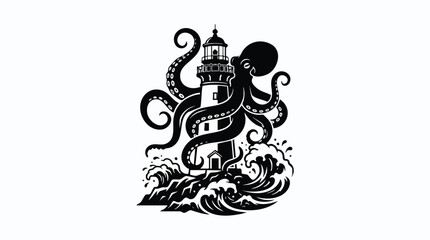 A dramatic vector illustration of a giant octopus attacking a lighthouse at sea © pratama