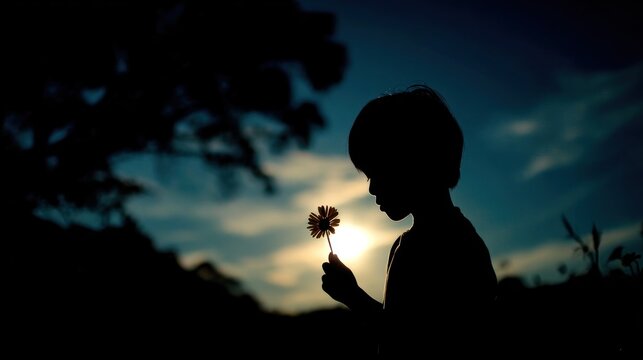 Child holding flower silhouette dusk