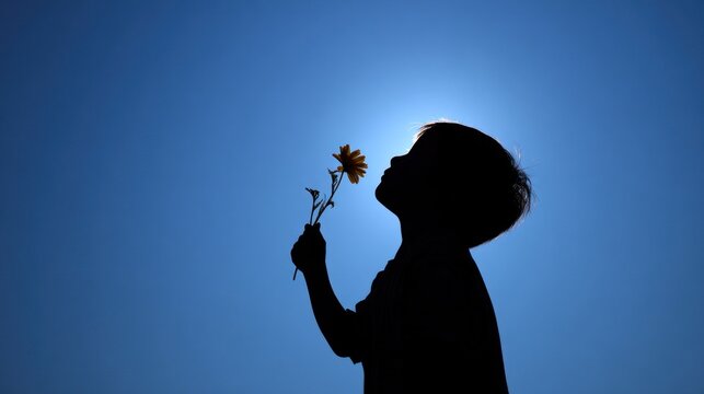 Child holding flower silhouette against sky