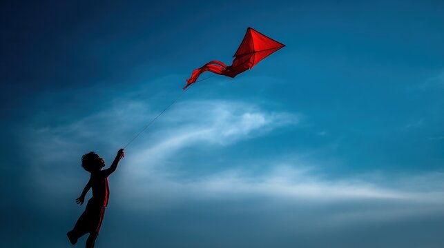 Child flying red kite in sky