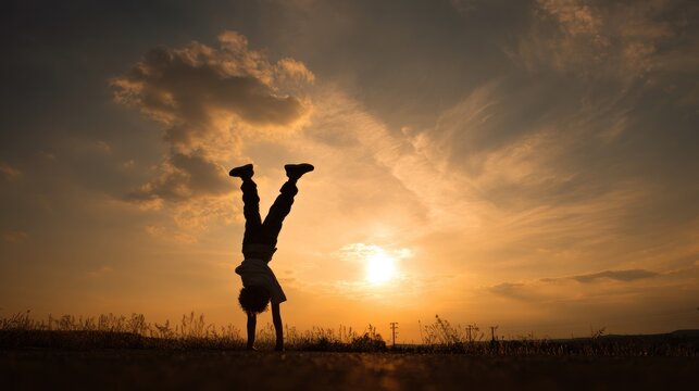 Child doing handstand at sunset