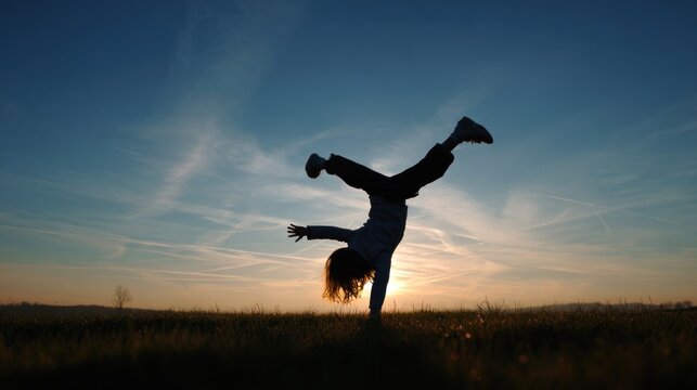 Child doing handstand in field at sunset
