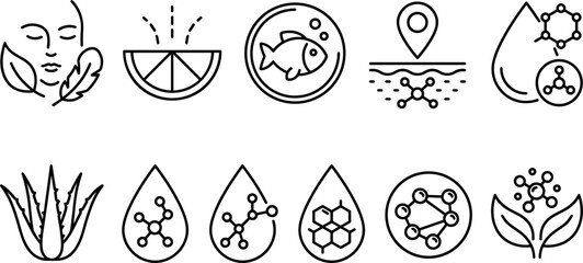 Fototapeta premium Cosmetic Skincare Ingredients Line Icon Set featuring Hyaluronic Acid, Aloe Vera, Vitamin C, Collagen, Fish Omega Oil, and Dermatology Care Symbols