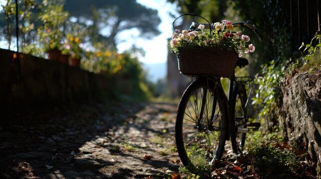 Vintage bicycle with flower basket roadside