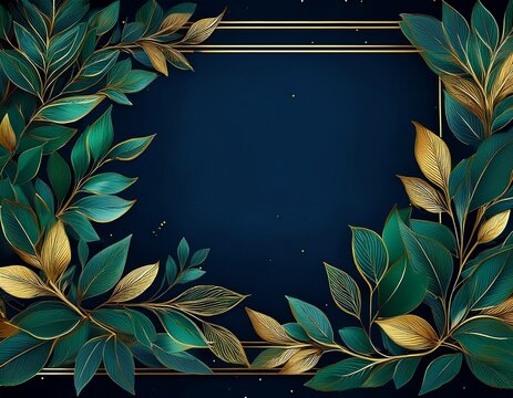 botanical frame with green leaves and gold border on navy background