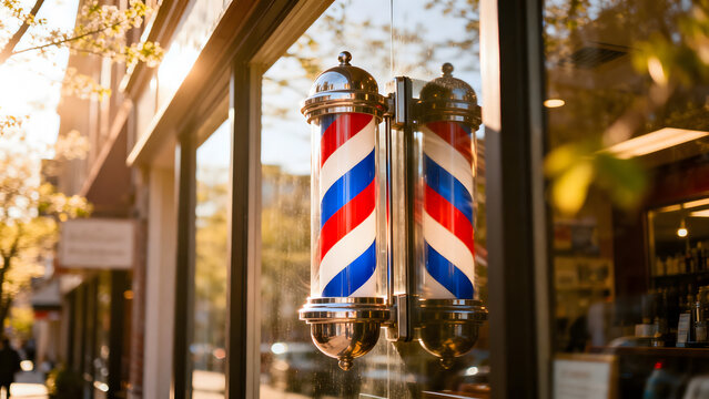 A vintage barber pole with red, white, and blue stripes spinning in spring sunlight.