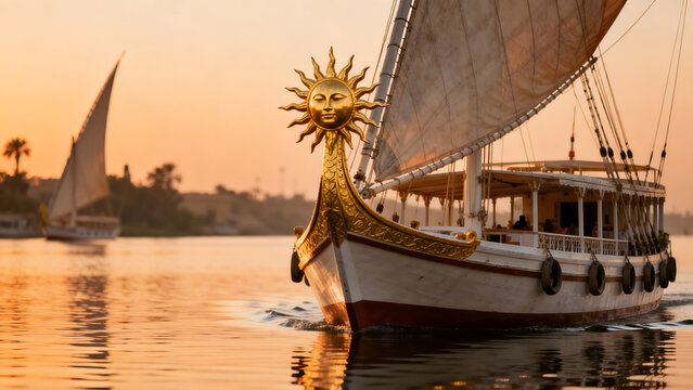 A majestic Nile barge with a gilded sun disk prow sailing at dusk on calm waters.