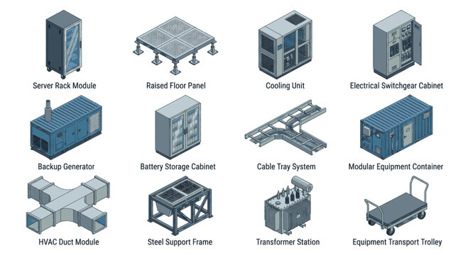 Collection of isometric illustrations of data center equipment and infrastructure components.