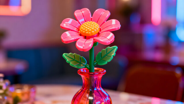 A cheap plastic flower in a garish vase, tacky aesthetic with bright colors.