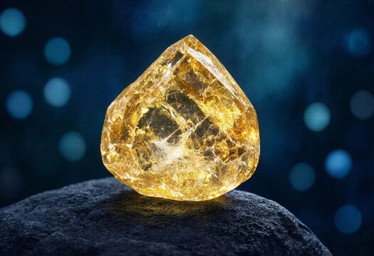 Luminous citrine crystal glowing atop textured dark stone with blue bokeh background, showcasing natural gemstone beauty, luxury, mineral energy, elegance, clarity, and brilliance.