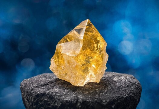 Luminous citrine crystal glowing atop textured dark stone with blue bokeh background, showcasing natural gemstone beauty, luxury, mineral energy, elegance, clarity, and brilliance.