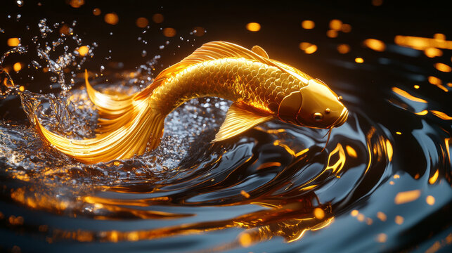 Golden Koi Fish Leaping Out of Water Against a Black and Gold Background