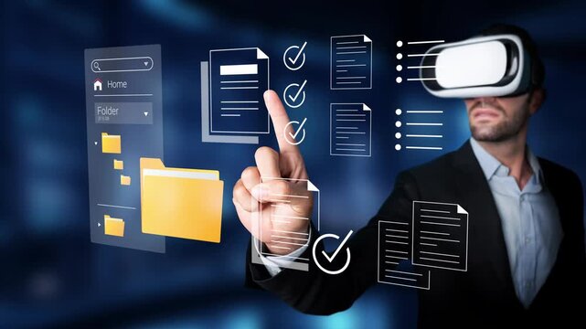 Businessman Engaged in Virtual Reality Exploration of Digital Files and Data Management in a Modern Office Environment Gluon.