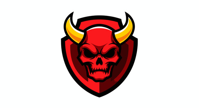 Aggressive red devil mascot logo inside shield with horns and menacing grin.
