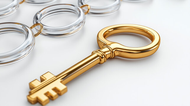 Close-up of a golden key with a transparent glass ring, symbolizing success and opportunity.