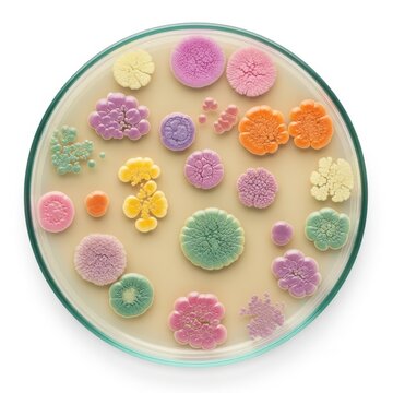 Colorful bacteria colonies growing in a petri dish for laboratory research and science study