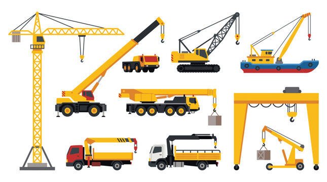 A clear and vibrant illustration of various construction vehicles, emphasizing their roles in infrastructure development, appealing to construction and design professionals alike.