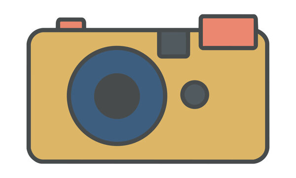 Minimalist vintage disposable camera icon with rounded rectangular shapes and circular lens in flat bold colors isolated on white background technology concept