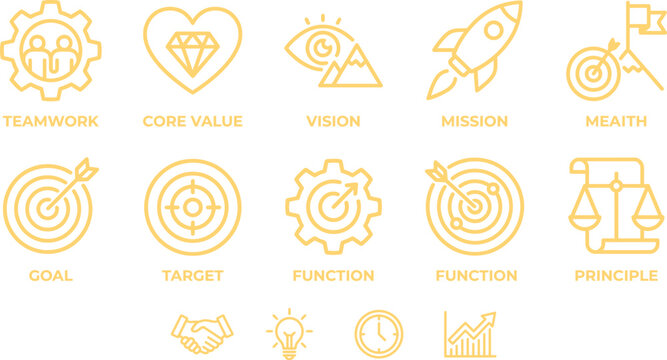 Business concept teamwork core value vision mission goal icons. linear style editable solid. stroke icons set collection premium editable vector illustration pack