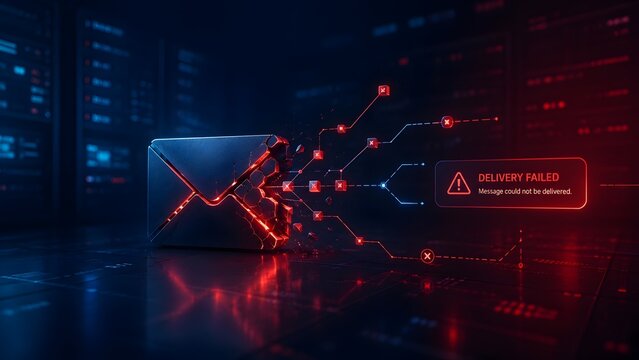 Shattering metallic email envelope with red glowing cracks symbolizing message delivery failure and network error.