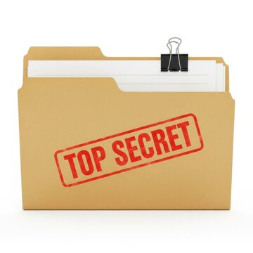 Manila folder with top secret red stamp and black metal clip holding documents