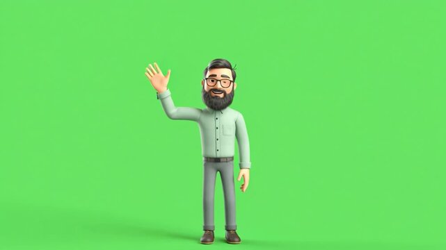 A 3D-style man with a beard and glasses is standing, waving his hand with a friendly expression. He is wearing a light green long-sleeved shirt and trousers. The video is suitable for concepts involvi
