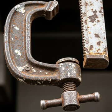 Old metal c-clamp tool and a weathered metal bar on a dark surface