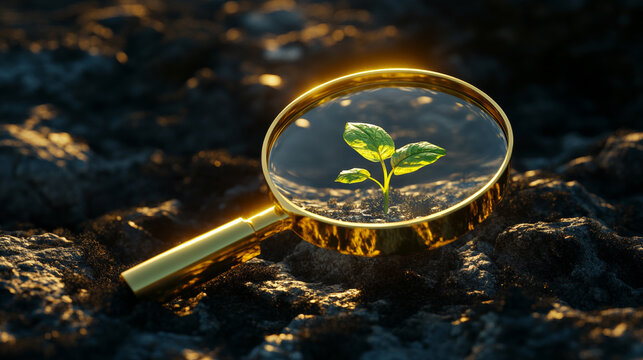 Green Seedling Under a Magnifying Glass in Scorched Earth