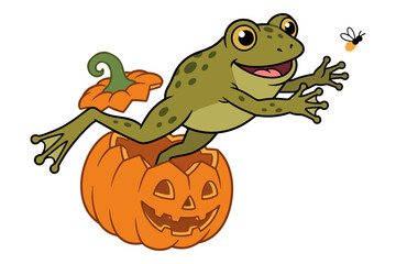Naklejka premium Funny frog leaping out of carved halloween pumpkin towards a flying insect.