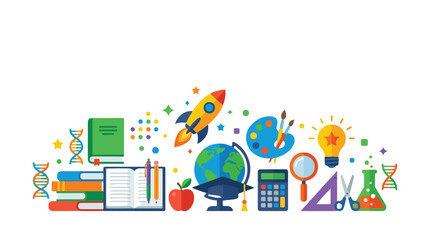Naklejka premium A colorful illustration of various educational tools and icons like books, a rocket, and a globe, representing learning and creativity.
