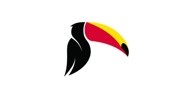 Minimalist stylized toucan bird head illustration with vibrant red and yellow beak. Modern tropical wildlife graphic design vector.