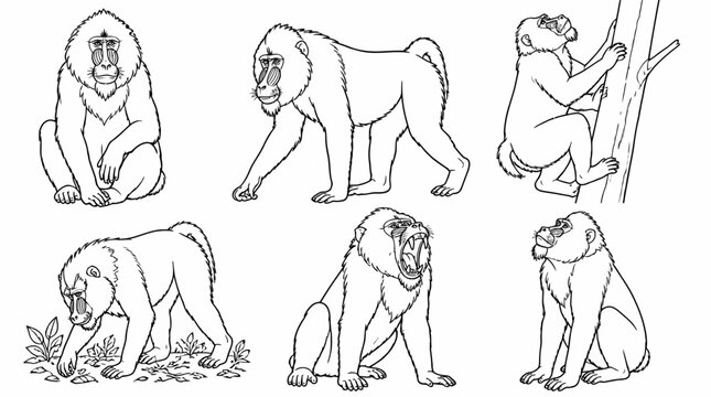 Mandrill monkey collection, various poses in black and white line art