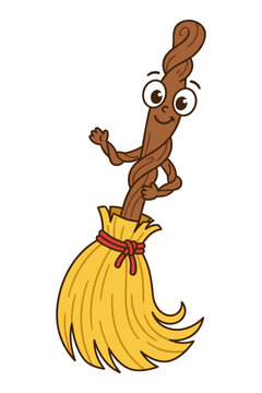 Friendly sentient broom character waving hello with straw bristles vector art.