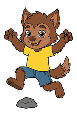 Cute cartoon werewolf boy jumping over rock wearing yellow shirt and blue shorts.