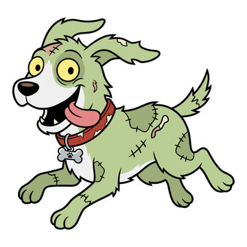 Cute cartoon zombie dog character running with green fur and stitches on red collar.