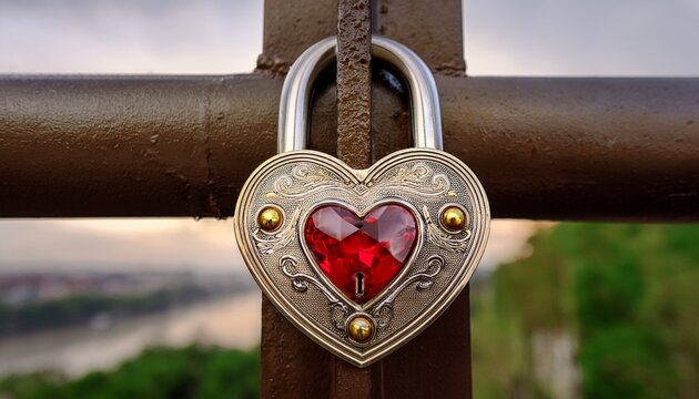 a silver padlock decorated with gold studs and a central red heart gemstone fastened securely to a weathered brown metal railing