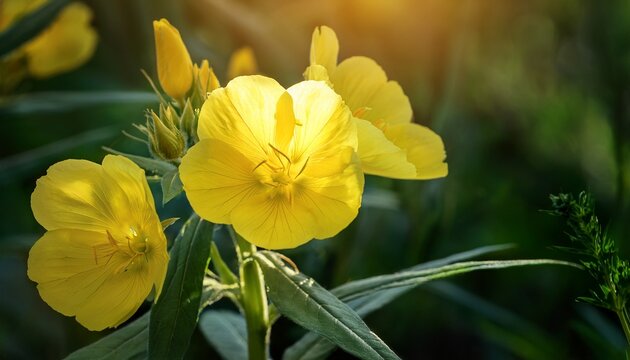 bright yellow evening primrose flowers bloom under the sunlight against a backdrop of tall green garden leaves