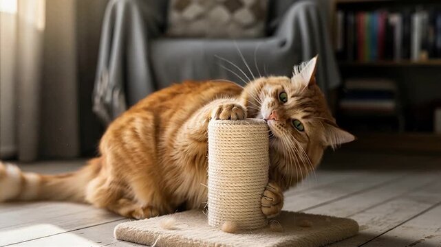 Ginger cat scratching tall sisal post in cozy living room. Cute orange tabby using feline furniture for claw maintenance. Active pet lifestyle and animal care.