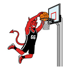 Cartoon red devil dunking basketball illustration, demon mascot in black jersey making slam dunk. © SUBRATAKUMAR