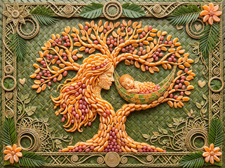 Obraz premium Mother And Sleeping Baby Fruit Mosaic Tree Handmade Coconut Leaf Illustration