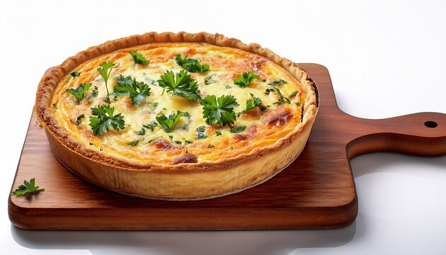 quiche lorraine with a fluted crust on a wooden board garnished with fresh chopped herbs on white background