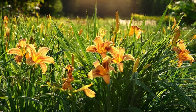 range daylilies blooming amidst bright green sword like foliage in a sunny garden field