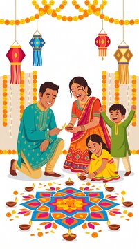 Modern flat vector illustration of an Indian family sitting together while lighting diyas and creating rangoli during the Diwali celebration. Clean white background with festive decorations.