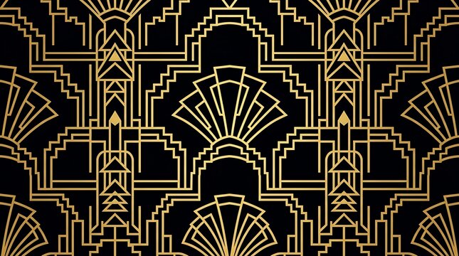 Elegant gold art deco geometric pattern on black background