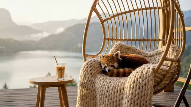 Red panda on an outdoor balcony in a rattan chair with a coffee by a lake showing relaxation and leisure